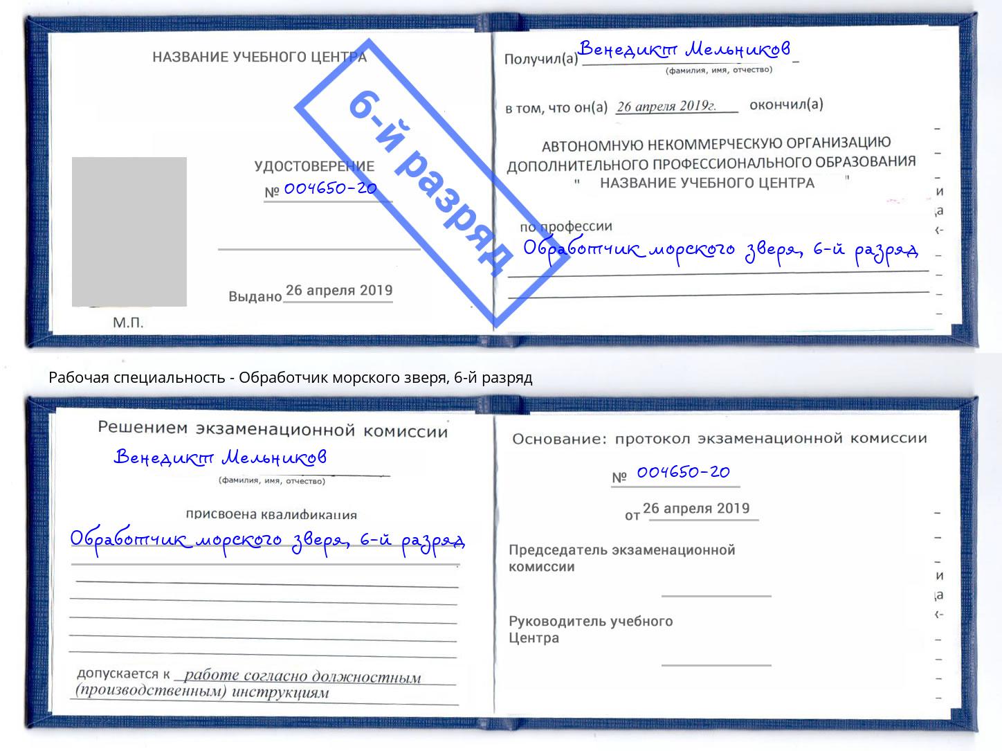 корочка 6-й разряд Обработчик морского зверя Кимры