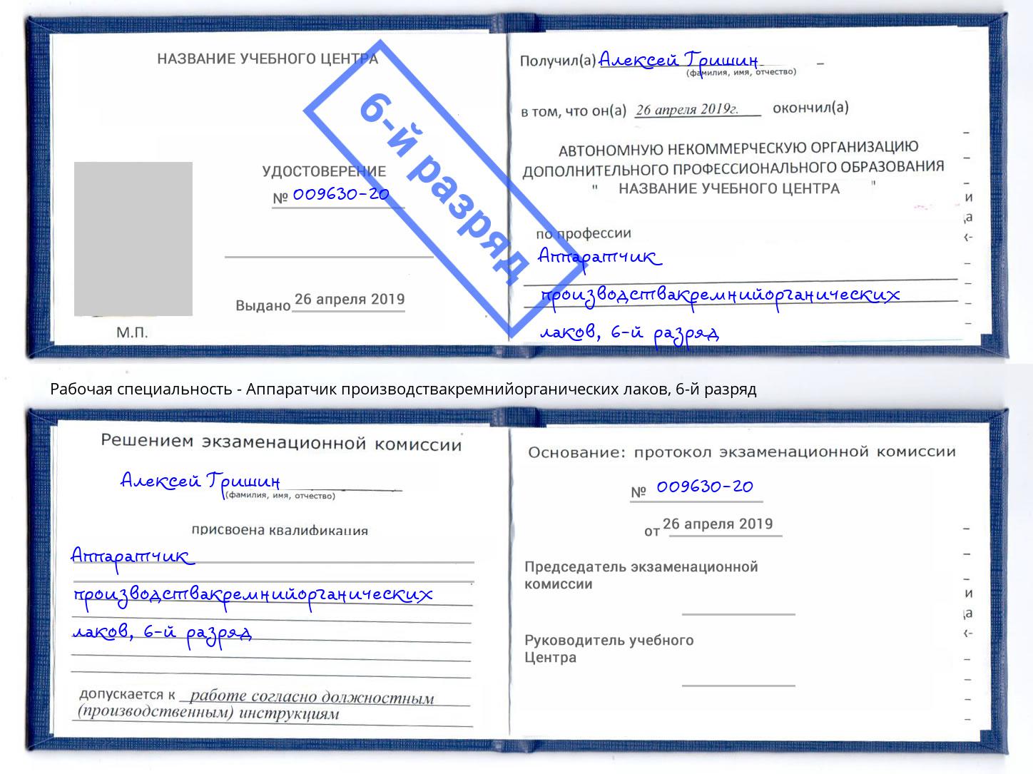 корочка 6-й разряд Аппаратчик производствакремнийорганических лаков Кимры