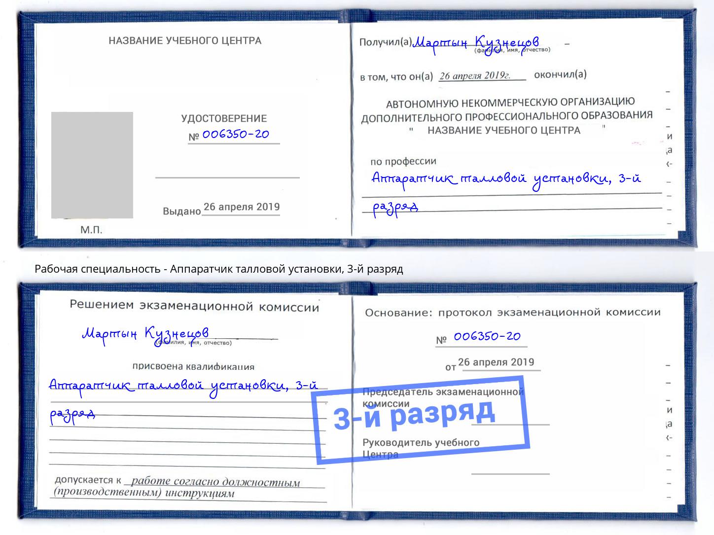 корочка 3-й разряд Аппаратчик талловой установки Кимры